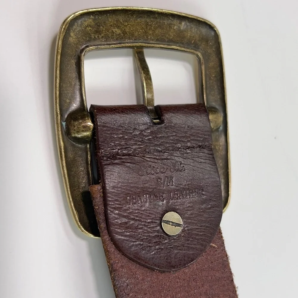 ELISE‎ M Genuine Leather Brass Buckle Belt Crochet Squares Pastel Size S/M 40